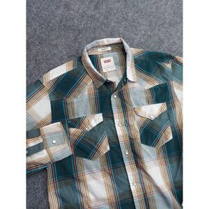 Levis Western Shirt Mens Medium Green Plaid Pearl Snap Long Sleeve Cowboy Retro